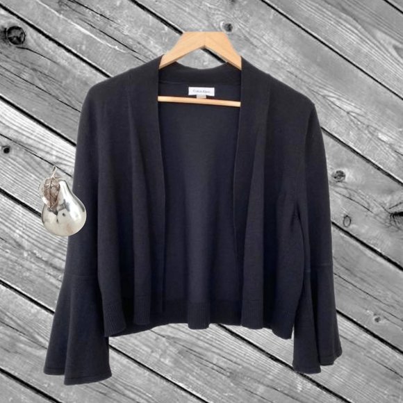 🖤🌹🖤 Cute Calvin Klein Black Sweater Cardigan Shrug with 3/4 Bell Sleeves - Picture 5 of 10